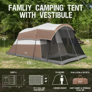 PORTAL 6 Person Family Camping Tent with Screen Room, Water Resistant Big Tunnel Tent with Rainfly,Large Family Tent for Outdoor