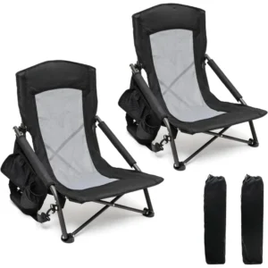 Folding Low Camping Beach Chair 2 Pack, Lightweight Portable Lawn Chair with Mesh Back, Cup Holder for Outdoor/Travel/Picnic