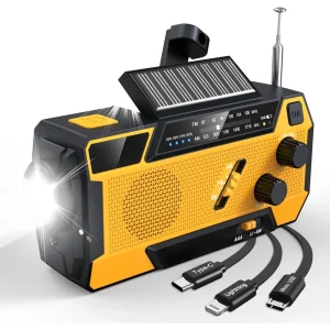 Emergency Crank Weather Radio AM/FM/NOAA, 2000mAh, Solar, Hand Crank, SOS, Flashlight for Outdoor Emergencies