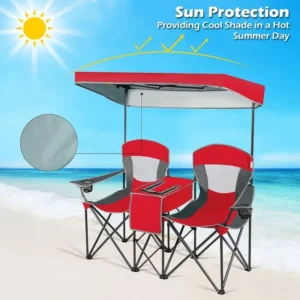 Goplus Double Beach Chair with Canopy Shade, Folding Lawn Camping Chairs with Sunshade & Mini Table Beverage Holder